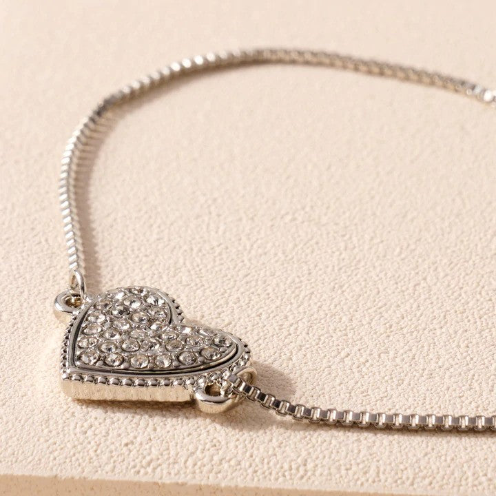 Rhinestone Heart Charm Bracelet in Silver - Bracelets - Nail Polish at Beyond Polish