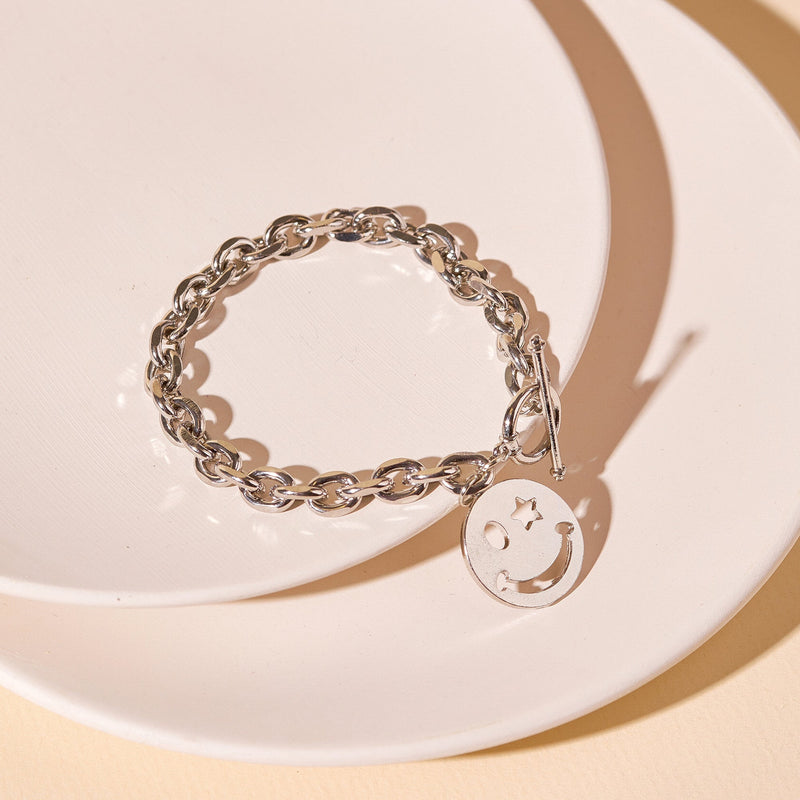 Smiley Face Charm Bracelet in Silver - Bracelets - Nail Polish at Beyond Polish